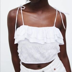 ZARA White Ruffled Women's Crop Tank Top